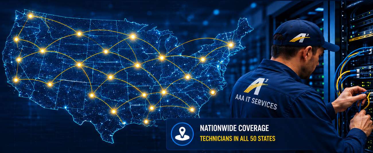Nationwide network coverage and IT technician working on network equipment